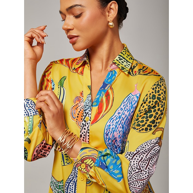 Women's Shirt Dress Casual V Neck Asymmetrical Hem Split Design Pumpkin Print Yellow2