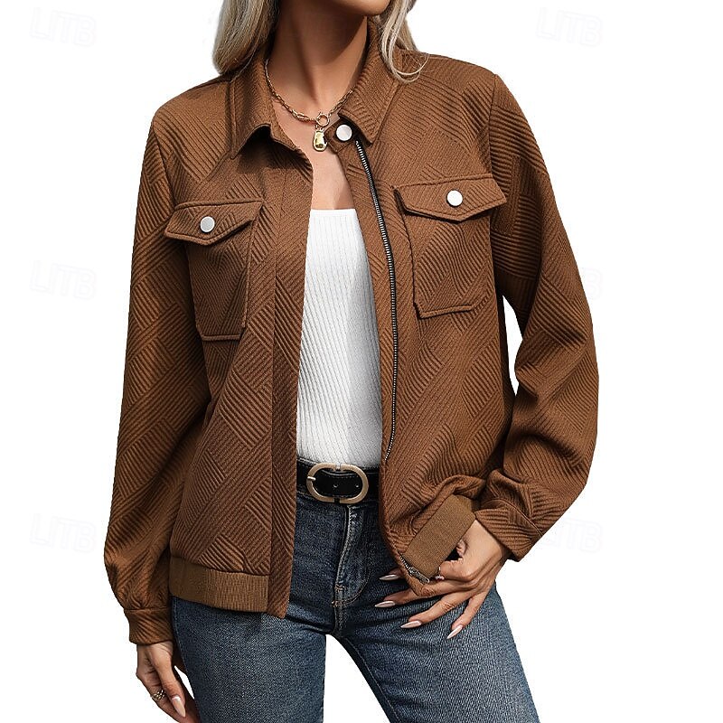 Women's Casual Jacket Comfortable Full Zip Elegant Vintage Fashion Daily Solid Color School Vacation Home Work Cardigan Short Turndown Regular Fit Long Sleeve Outerwear Coffee brown Spring Fall4