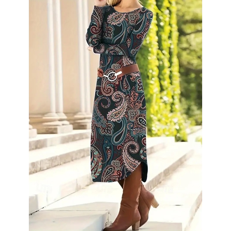 Women's Midi Dress Sheath Dress Shift Dress Party Casual Boho Party Wedding Guest Daily Regular Fit Graphic Paisley Tribal Long Sleeve Crew Neck Dark Grey Spring Fall Winter Autumn