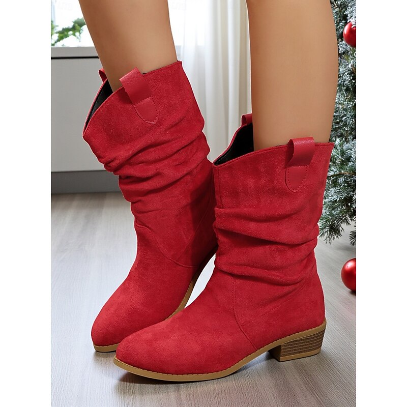 Women's Red Faux Suede Slouch Mid-Calf Boots with Low Block Heel and Pull Tabs – Stylish Winter and Holiday Footwear for Casual Outfits and Christmas