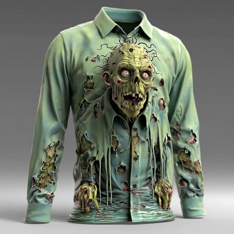 Halloween Men's Optical Illusion Zombies Horror Shirt Button Up Shirt Long Sleeve Dark Punk Gothic Style Outdoor Holiday Summer Spring Turndown 3D Print Collared Shirts Blue Purple Green