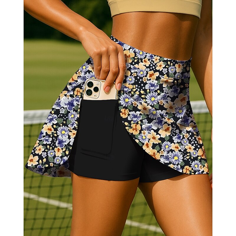Women's Unisex Plants Floral Floral Botanical Tennis Skirts Patchwork Pocket 2 in 1 UPF50+ UV Resistant Multi layer Volleyball Tennis Badminton Shorts Skirt Black Yellow Tennis Clothing