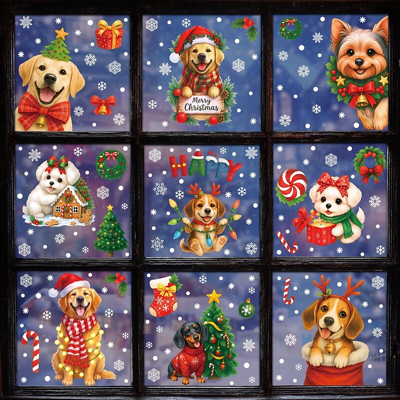 9 Sheets Christmas Window Cling Wall Sticker Decals Decorations, Gift Boxes, Candy, Wreaths & Dogs, Static Cling, Storefront & Home Glass Decor