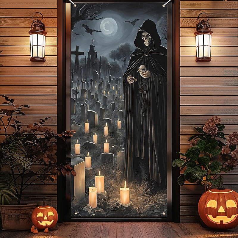 Halloween Door Cover Outdoor Banners Skeleton Grim Reaper Cemetery Psychedelic Dark Punk Gothic Style Party Outdoor Shooting Backgrounds Front Door Wall Porch Home Decor