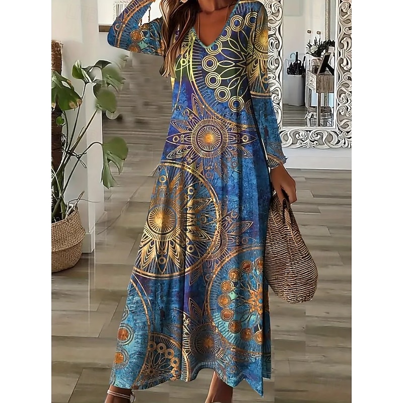 Women's Maxi Dress T Shirt Dress Tee Dress A Line Dress Vacation Casual Boho Date Regular Fit Floral Paisley Long Sleeve V Neck Royal Blue Dark Blue Fall Winter