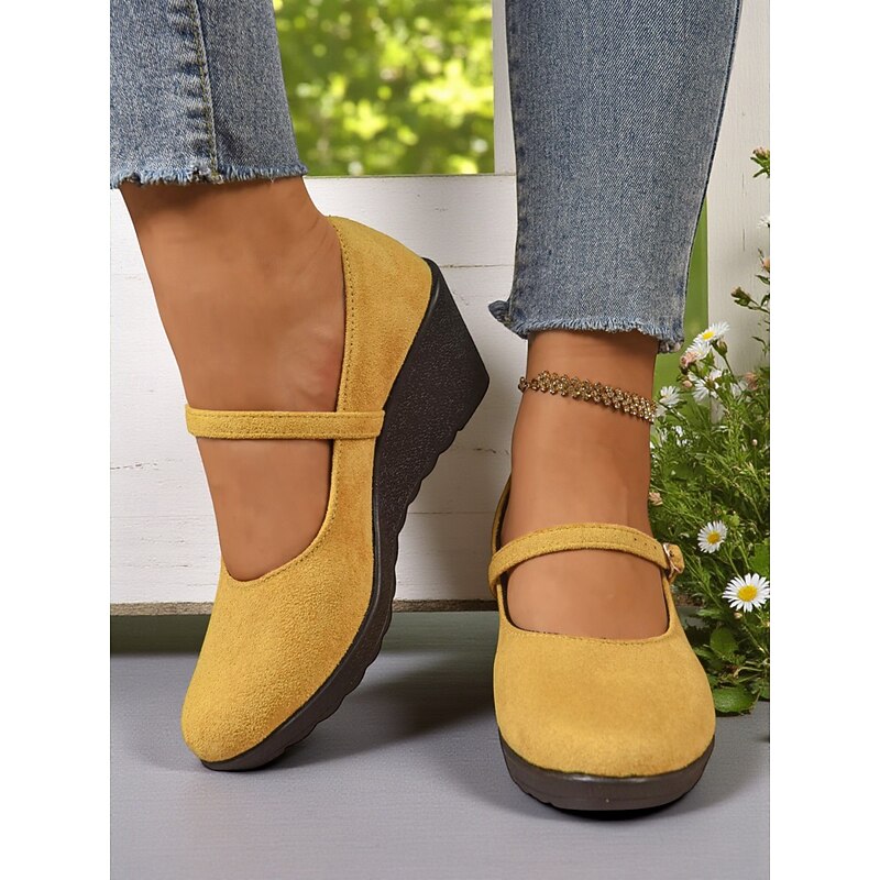 Women's Yellow Mary Jane Wedge Heels – Comfortable Round Toe Platform Shoes for Casual Outings and Office2