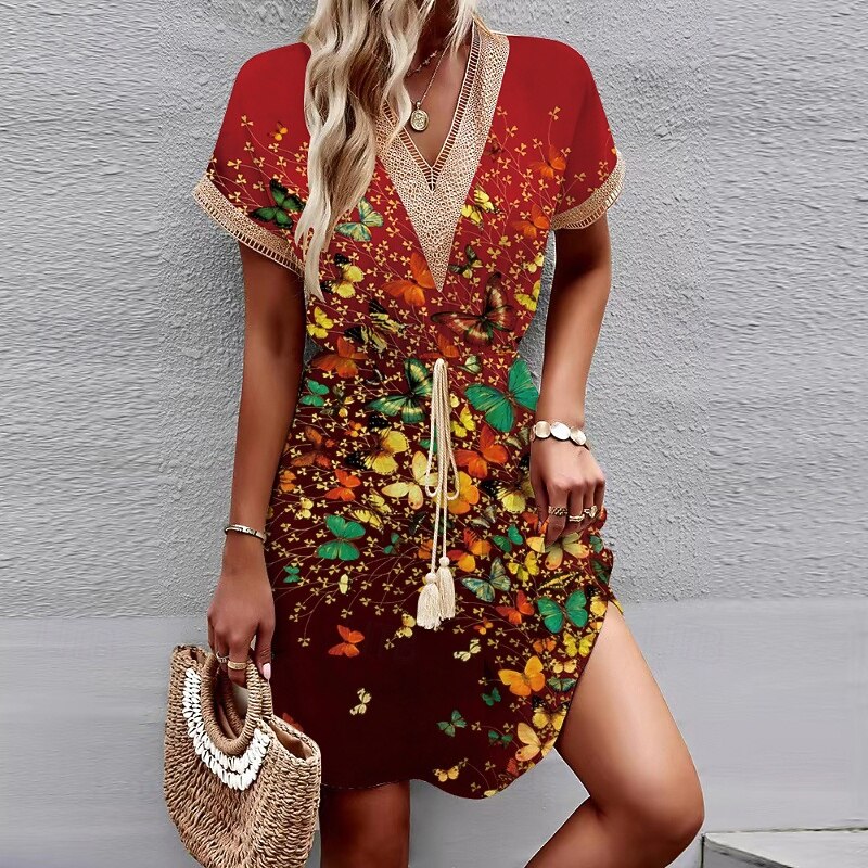 Women's Mini Dress Floral Dress Print Dress Classic Modern Vacation Holiday Going out Regular Fit Flower Short Sleeve V Neck White Red Blue Summer3