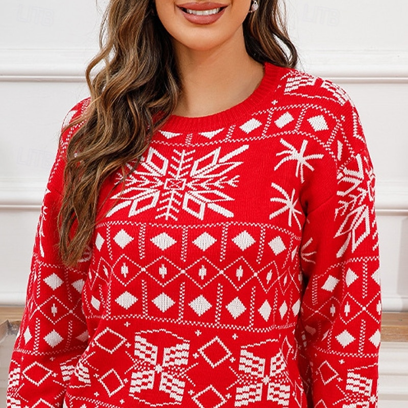 Women's Sweater Pullover Casual Snowflakes Ribbed Crew Neck Knitted Print Long Sleeve Regular Tops Knit Christmas Daily Going out Red Winter2