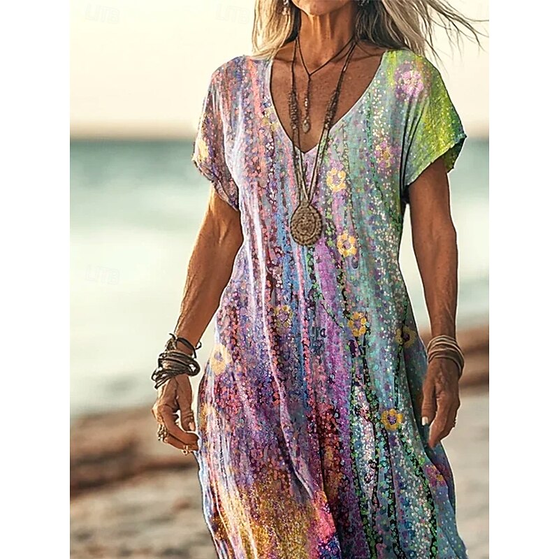 Women's Floor length Casual Dress A Line Dress Summer Dress Elegant Vacation Casual Holiday Date Beach Loose Fit Ombre Floral Graphic Short Sleeve V Neck Light Purple Summer Spring Fall2
