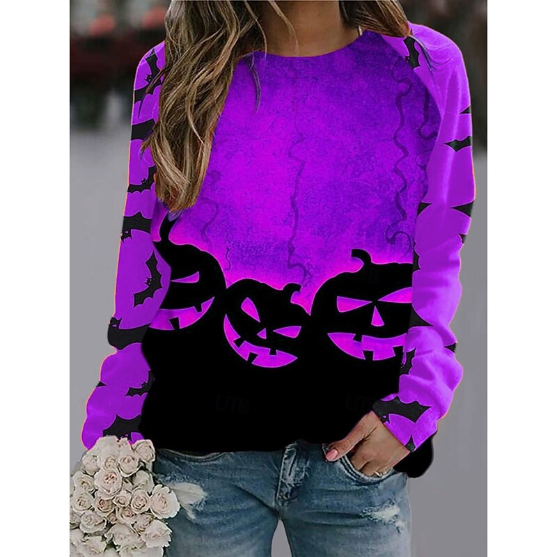 Halloween Women's Pullover Sweatshirt Pumpkin Graphic Fashion Casual Long Sleeve Crew Neck Regular Tops Street Dailywear Print Blue Purple Orange Green Fall Winter3