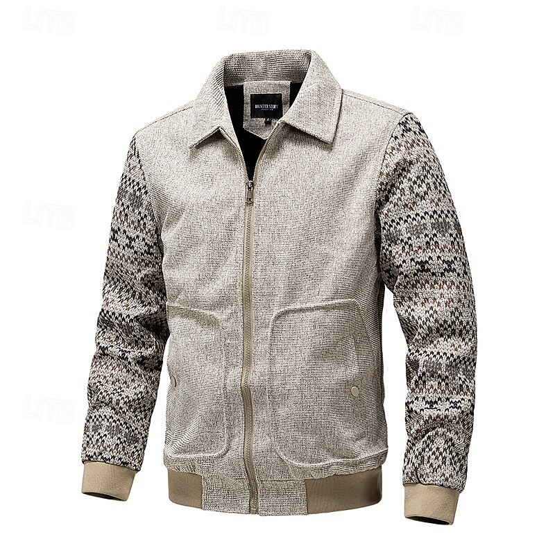Men's Waffle Jacket Formal Home Pocket Ethnic Spring &  Fall Solid Color Patchwork Active Neutral Shirt Collar Regular Black Brown Khaki Gray Jacket