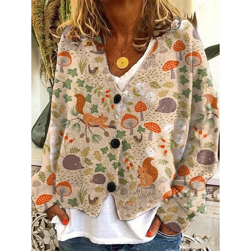 Women's Cardigan Sweater Knitted Ribbed Button Front V NeckLong Sleeve Lightweight Elegant Vacation Vintage Floral Print Regular Tops Knit Home Daily Holiday Blue Orange Fall2