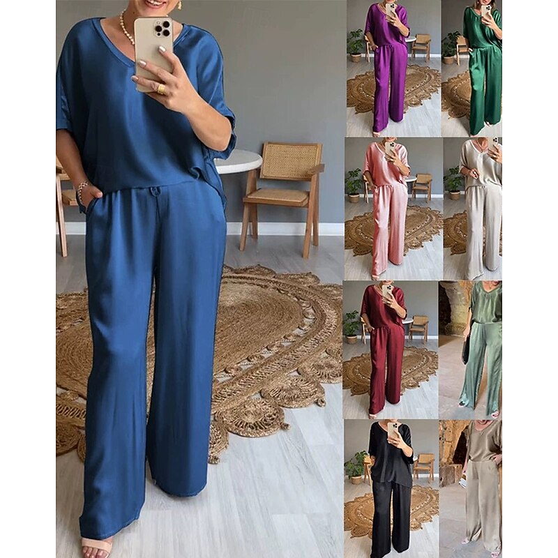 Women's Normal Jumpsuit Streetwear Solid Color 3/4 Length Sleeve Wide Leg Crew Neck Pocket Street Daily Regular Fit Black Pink Wine Fall