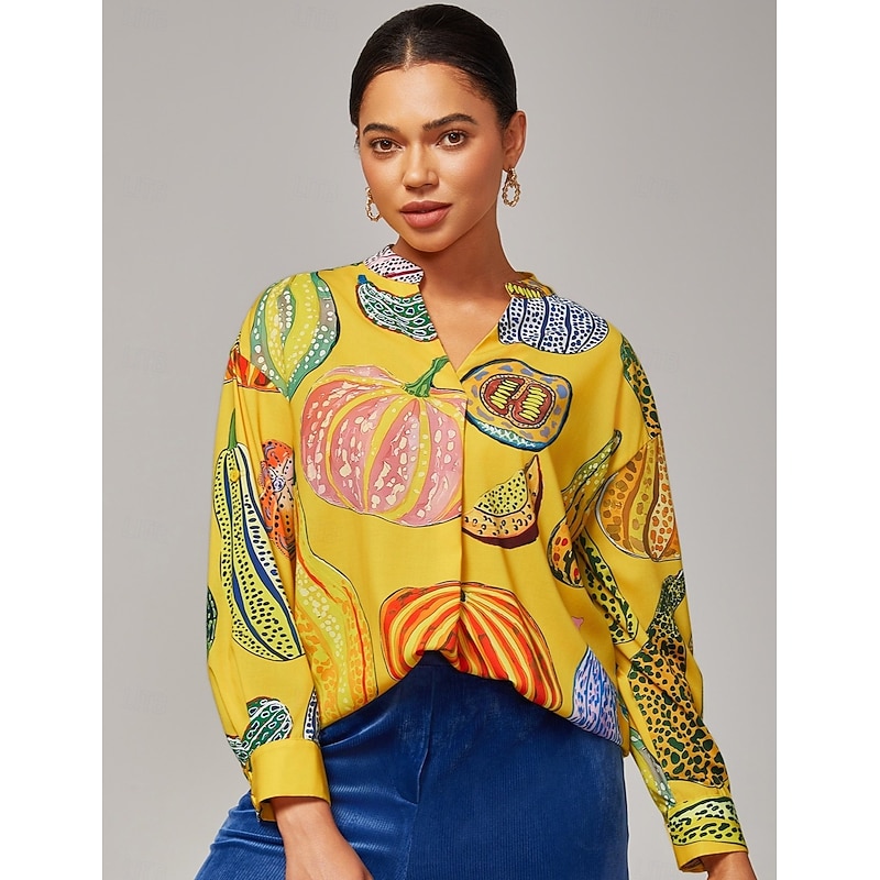 Women's Top Casual Drop Shoulder Stand Collar Inverted Pleat Pumpkin Print Yellow