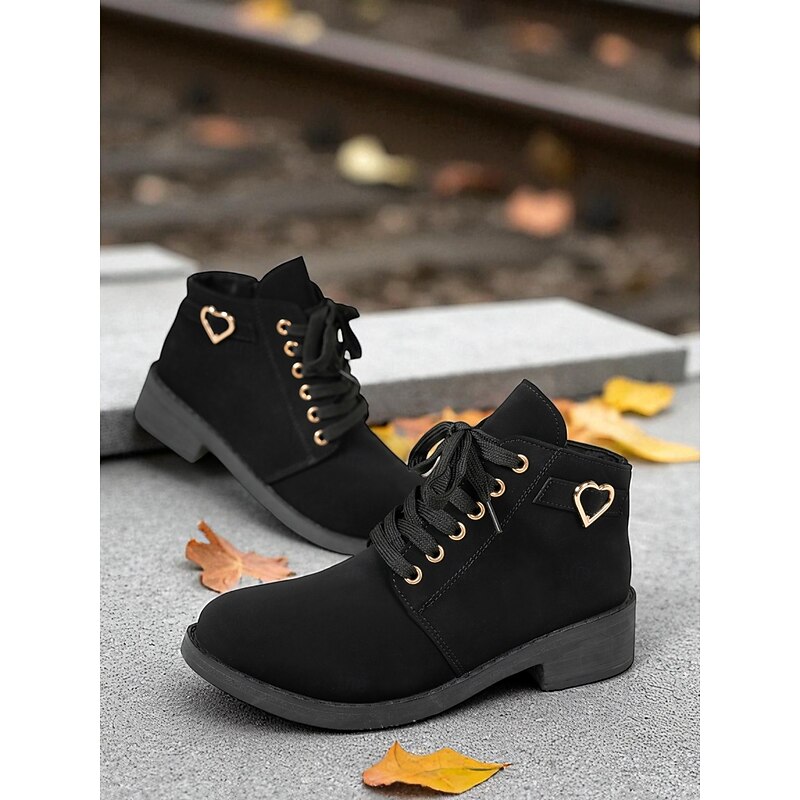 Women's Black Ankle Boots – Lace-Up Short Boots with Heart Buckle for Casual Outfits and Streetwear3