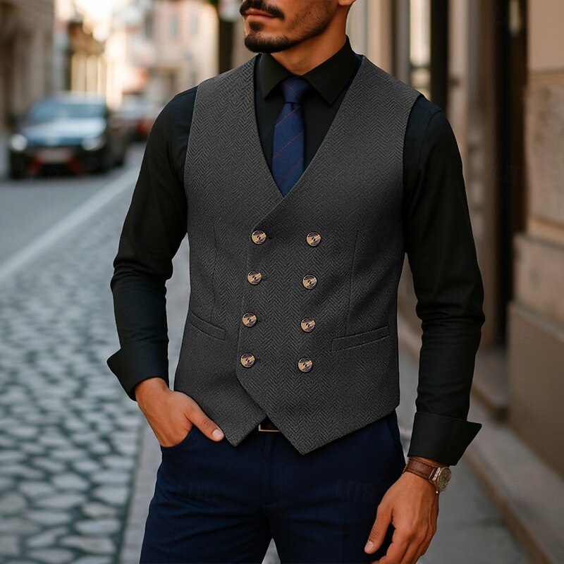 Men's Vest Waistcoat Formal Vacation Daily Wedding Party Fashion Casual Spring Fall Pocket Buttons Polyester Wool Blend Comfortable Plain Herringbone Double Breasted V Neck Slim Fit Burgundy Navy4