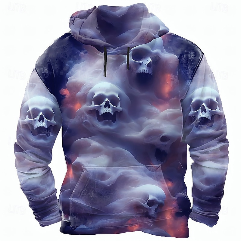 Halloween Men's Skull 3D Hoodie Sweatshirt Punk Exaggerated Long Sleeve Crew Neck Club Streetwear Light Green Blue Drawstring Fall Winter Designer4