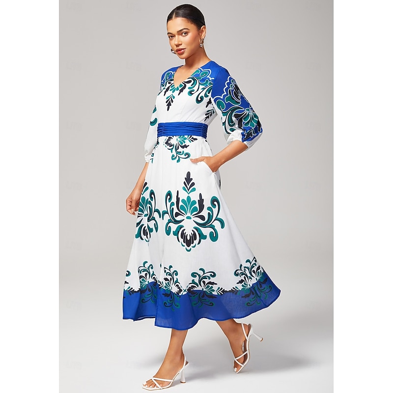 Women's Bold Multicolor Print Faux Cotton Linen Teal Tea Dress Elegant Stylish Friend Gatherings Afternoon Tea Fall