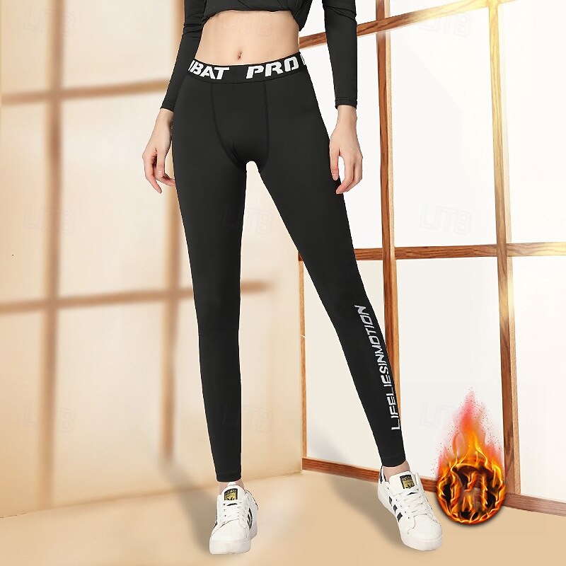 Women's Compression Pants Base Layer Fleece Lined Leggings High Waist Bottoms Athleisure Gym Workout Warm Breathable Basketball Athletic Running Tight Fit Sportswear Activewear Solid Colored Pure3