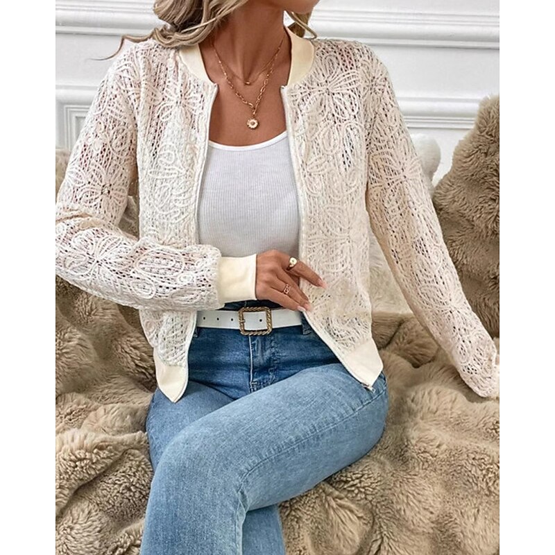 Women's Casual Jacket Comfortable Lace Patchwork Zipper Fashion Plain Outdoor Street Holiday Daily Wear Zipper Regular Crewneck Regular Fit Long Sleeve Outerwear Apricot Fall3