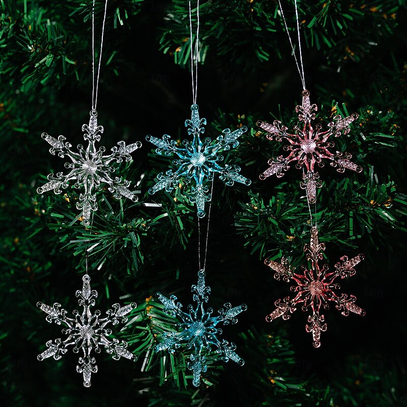 6PCS Christmas Crystal Snowflake Ornaments, Acrylic Transparent Snowflake Hanging Decorations, Pink Icicle Snowflake Ornaments 3-Color Hanging Pendants for Holiday Tree Party Home Decor4