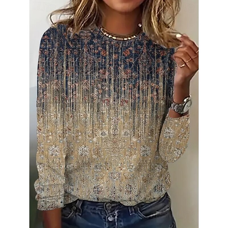Women's T Shirt Floral Graphic Paisley Vintage Fashion Stylish Long Sleeve Crew Neck Round Neck Regular Tops Daily Weekend Print Blue Dusty Blue Purple Orange Brown Spring Fall Winter3
