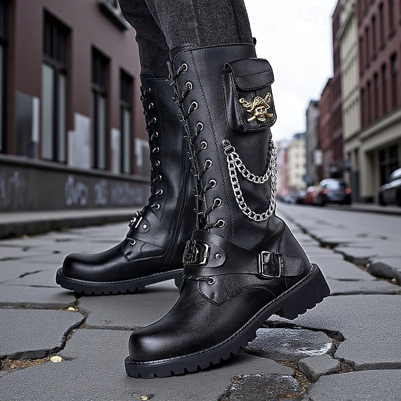 Men's Black Combat Boots - Gothic Punk Lace-Up Motorcycle Style with Chains and Buckles, Urban Streetwear Footwear for City Outfits2