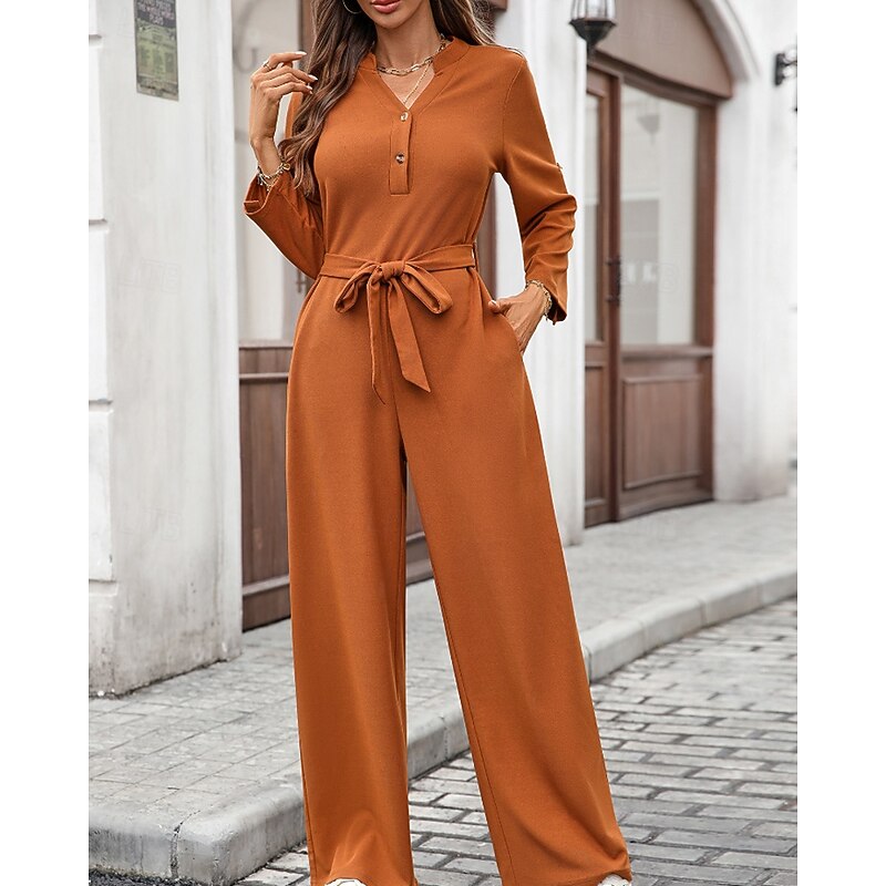 Women's Normal Jumpsuit Streetwear Solid Color Long Sleeve V Neck Pocket Buttons Street Daily Regular Fit Black Army Green Fuchsia Fall