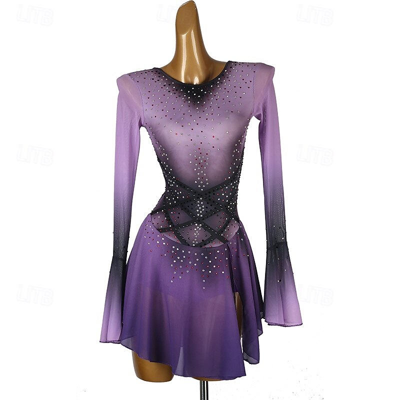 Figure Skating Dress Women's Girls' Ice Skating Dress Purple Blue Black Patchwork Open Back Mesh Spandex High Elasticity Training Practice Professional Skating Wear Classic Crystal / Rhinestone Long - Main Image