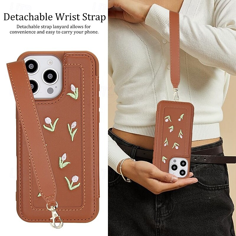 Phone Case For iPhone 16 15 14 Pro Max 13 Pro Max Back Cover with Lanyard Kickstand Card Slot Retro TPU PU Leather4