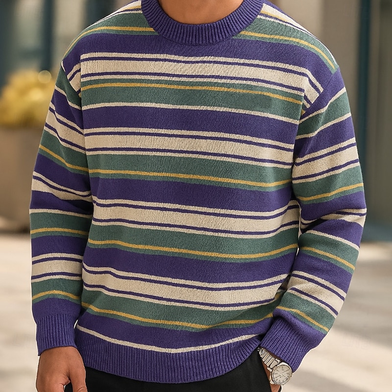 Men's Horizontal Stripes Pullover Sweater Jumper Knitwear Crewneck Casual Vacation Home Street 3D Print Knitting Keep Warm Long Sleeve Spring Fall Winter Red Blue Green3