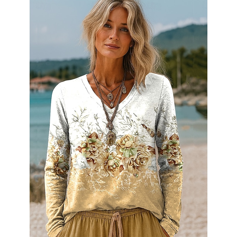 Easter Women's 3D Print T Shirt Floral Graphic Plants Vintage Stylish Casual Long Sleeve V Neck Regular Tops Daily Yellow Pink Red Purple Summer Spring Fall