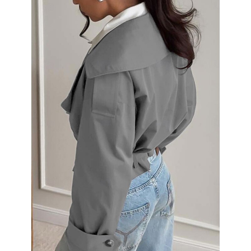 Women's Casual Jacket Trench Coat Comfortable Breathable Lace up Casual Plain Vacation Street Casual Daily Wear Open Front Short Turndown Regular Fit Long Sleeve Outerwear Beige Gray Spring Fall3