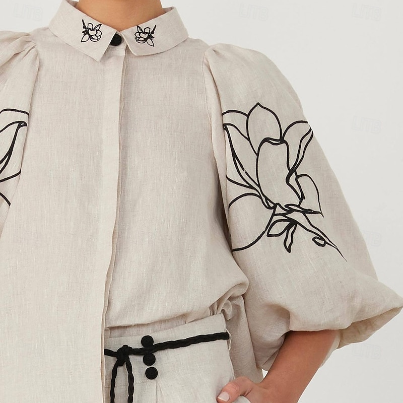 Women's Elegant Vacation Vintage Pants Sets Long Sleeve Lantern Sleeve Shirt Embroidered  Collar Floral Vacation Casual Daily Embroidery Set Spring Loose Fit4