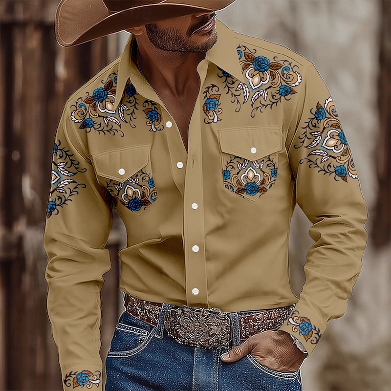 Men's Floral Print Ethnic Flowers Shirt Western Shirt Cowboy Shirt Long Sleeve Vintage Retro Outdoor Casual WorkWear Spring Fall Turndown Front Two Pockets Button Up Shirts Light Khaki Black Blue3