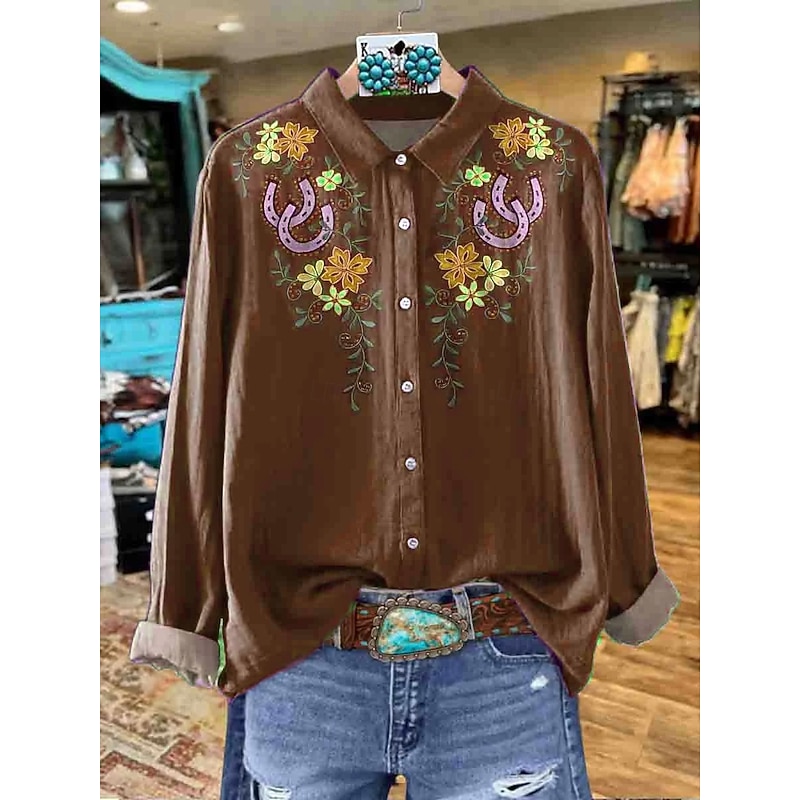 Women's Shirt Floral Graphic Elegant Bohemia Daily Long Sleeve Shirt Collar Regular Tops Work Daily Ruched Embroidered Buttons Blue Purple Brown Green Spring Fall Winter3