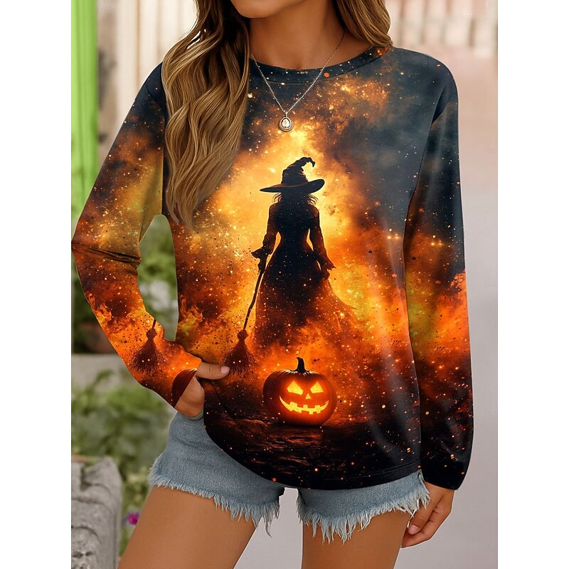 Halloween Women's T shirt Witch Graphic Vintage Fashion Stylish Long Sleeve Crew Neck Round Neck Regular Tops Weekend Print Blue Purple Orange Green Spring Fall