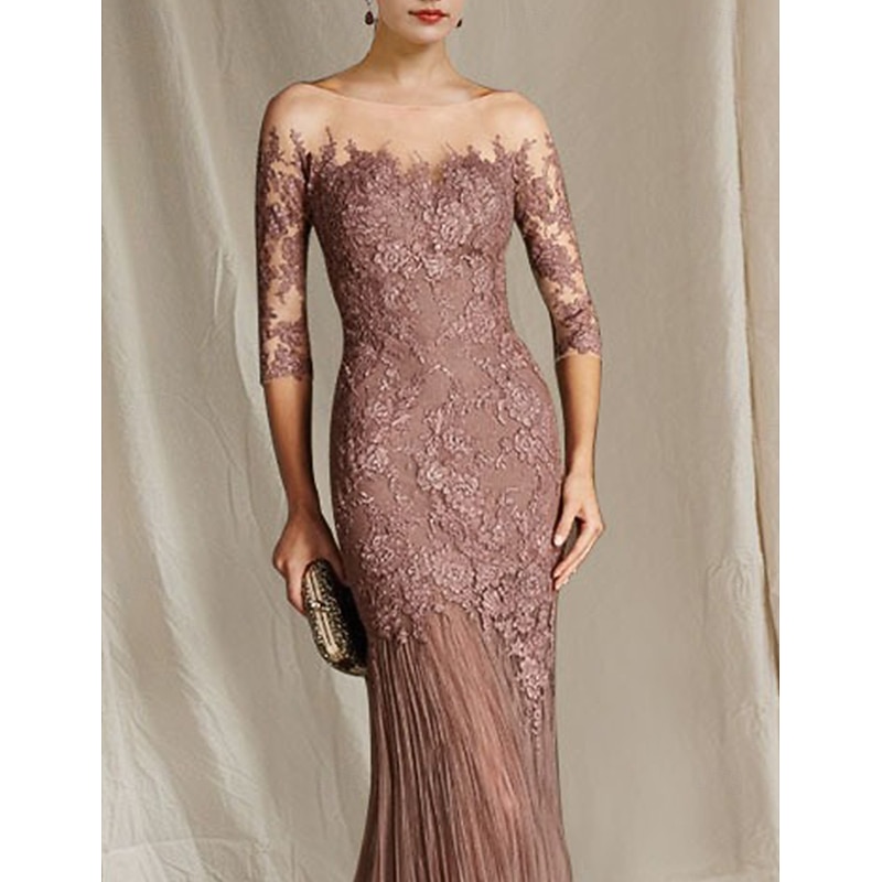 Mermaid Mother of the Bride Dress Formal Wedding Guest Elegant Scoop Neck Sweep / Brush Train Lace Tulle Half Sleeve with Appliques3