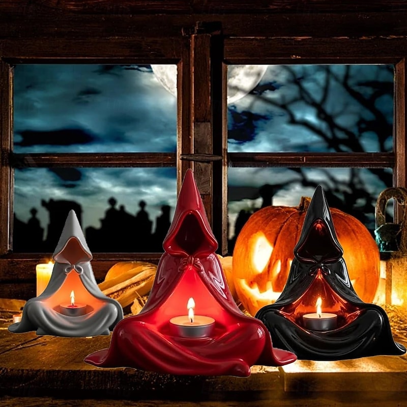 Halloween Hooded Cloak Ghost Tea Light Candle Holders Mystic Wizard Candle Holder Wizard Candlestick Small Ornament Suitable for Home Bar and Festival Celebration4