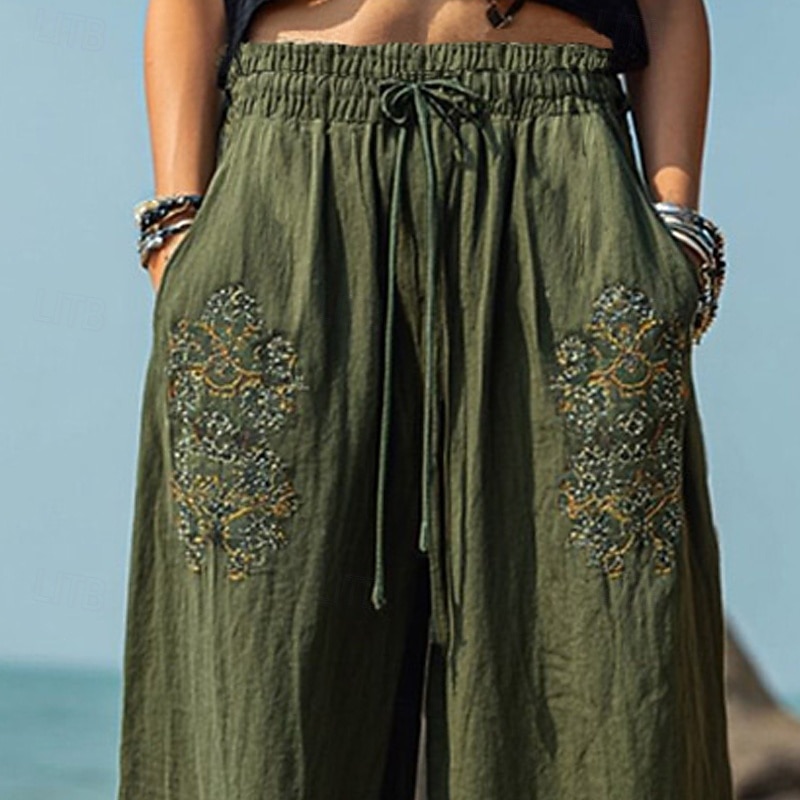 Women's Wide Leg Pants Trousers Palazzo Pants Fashion Boho Full Length High Waist Flower Drawstring Elastic Waist Print Breathability Comfortable Street Daily Wear Going out Army Green Spring Fall2