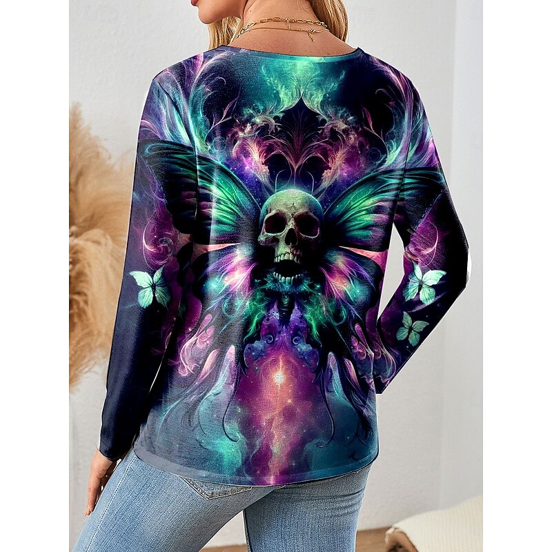 Halloween Women's T Shirt Skulls Graphic Vintage Fashion Stylish Long Sleeve Crew Neck Round Neck Regular Tops Daily Weekend Print Pink Purple Orange Green Spring Fall Winter2