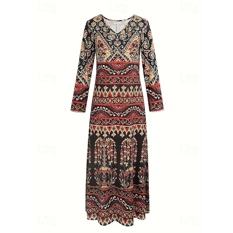 Women's Midi Dress T Shirt Dress Tee Dress A Line Dress Vacation Casual Boho Daily Holiday Date Regular Fit Floral Graphic Geometric Long Sleeve V Neck Dark Brown White Rusty Red Red Fall Winter4