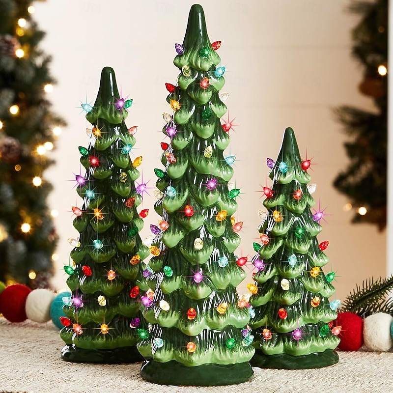 Resin Christmas Trees, Pre-Lit Hand-Painted Tabletop Holiday Decoration w/Multicolor Bulbs LED Lights, Vintage Indoor Decoration Table Top Christmas Tree4