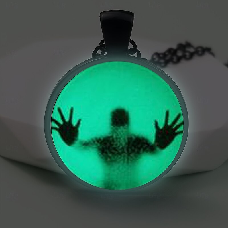 Unique Glass Pendant Necklace - Luminous Silhouette, Glowing Green, Metallic Chain for Night Events