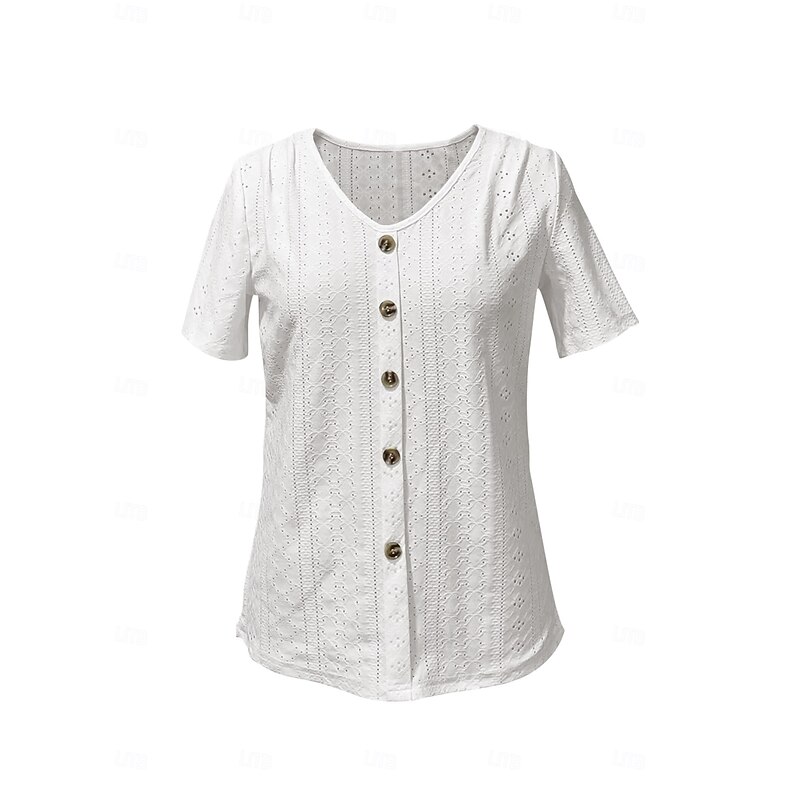 Women's White Elegant Lace Tops Eyelet Blouse Daily Regular Tops Short Sleeve V Neck Buttons Loose Fit Daily Romantic Petite Tops Summer Holiday Wear White Pink Semi Formal Blouses2