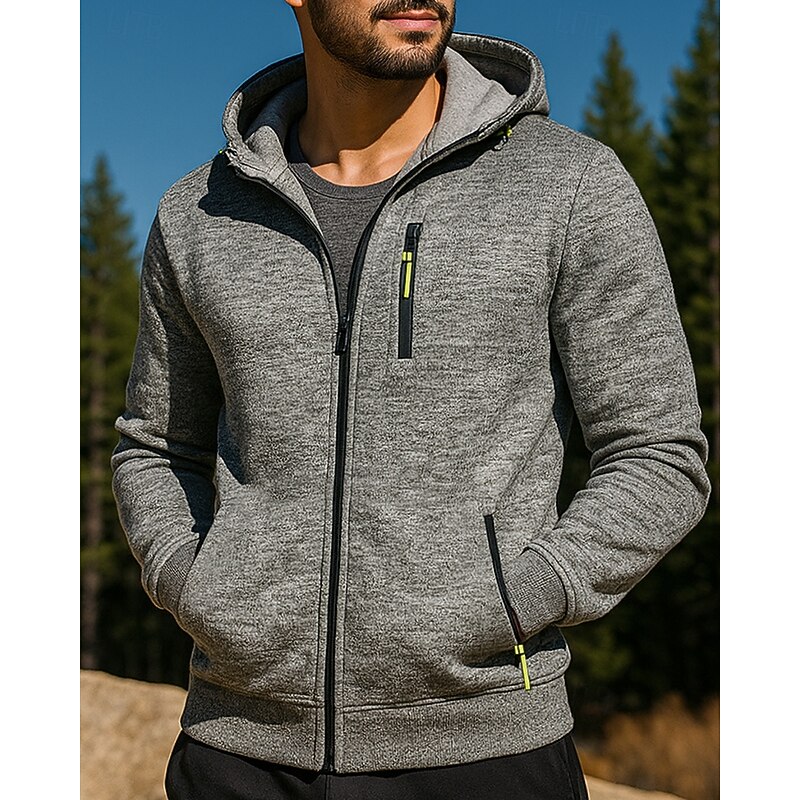 Men's Outdoor Jacket Hooded Jacket Pocket Full Zip Long Sleeve Top Athleisure Fall Solid Colored Windproof Workout Outdoor Training Sportswear Activewear Black Red Blue3