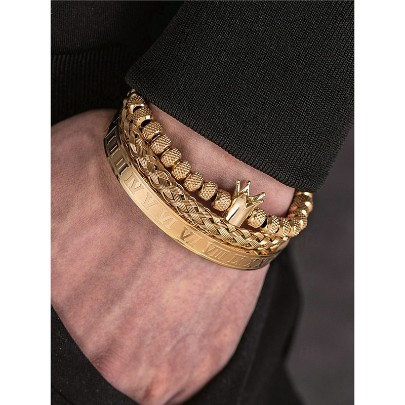 Men's Gold Stainless Steel Bracelet Set – 3-Piece Crown Beaded, Braided Cuff, and Roman Numeral Bangle for Fashionable Outfits, Parties and Special Occasions
