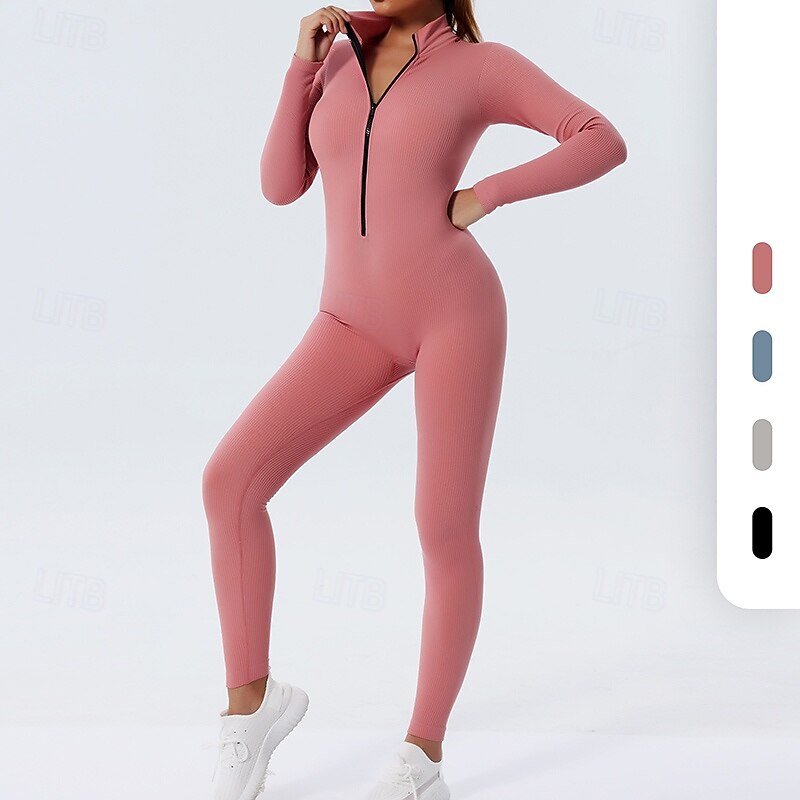 Women's Workout Jumpsuit One Piece Romper Fall Zip Up Solid Color Bodysuit Black Pink Gym Athletic Running Breathable Tummy Control Long Sleeve Sport Activewear