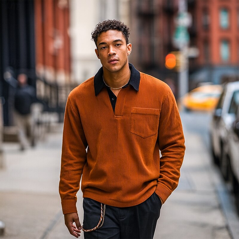 Men's Corduroy Shirt Polo Shirts Casual Sports Lapel Long Sleeve Fashion Basic Color Block Patchwork Buttons Fall Spring &  Fall Regular Fit Black White Light Green Gray Light Blue Dark Red Corduroy2