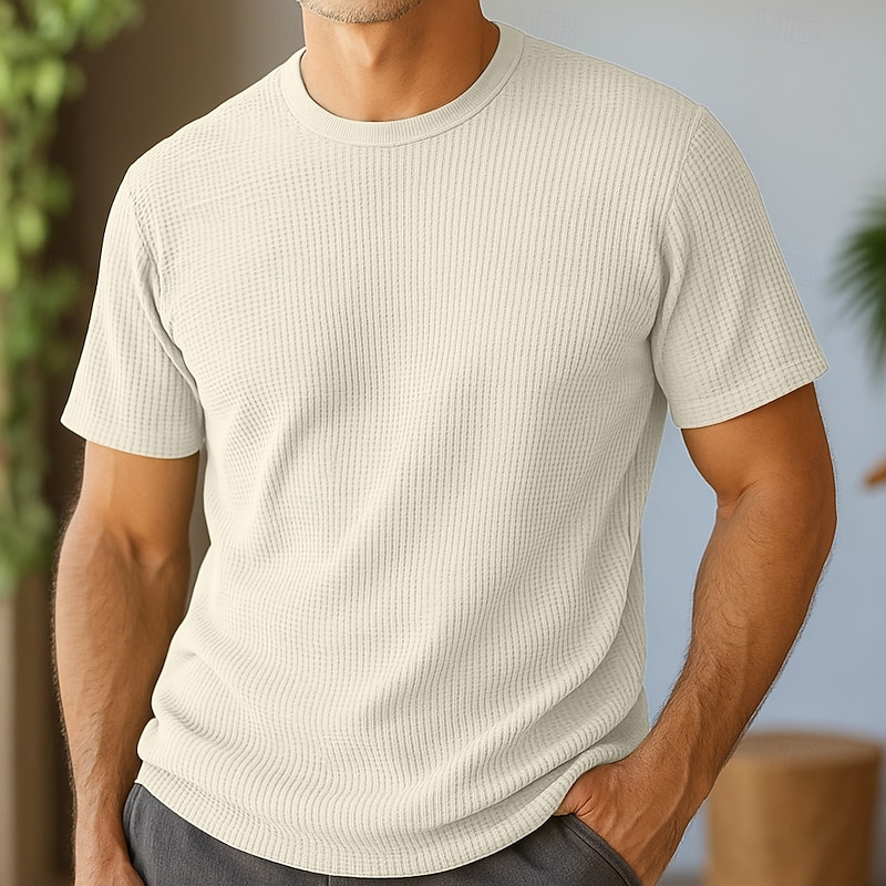 Men's Waffle T-shirt Tee Top Short Sleeve Crew Neck Summer Spring Solid Color Textured Fashion Designer Casual Pocket Knitted Outdoor Casual Daily Blue Light Green Navy Blue Top Tee for Men4